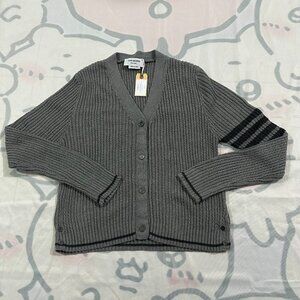 Thom Browne Women's Black Four-Striped Cardigan V-Neck Knitted Grey Jacket